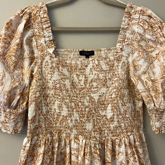 1 State Paisley Square Neckline Smocked Bust Puff-Sleeves Mini Dress size Large - Picture 2 of 8